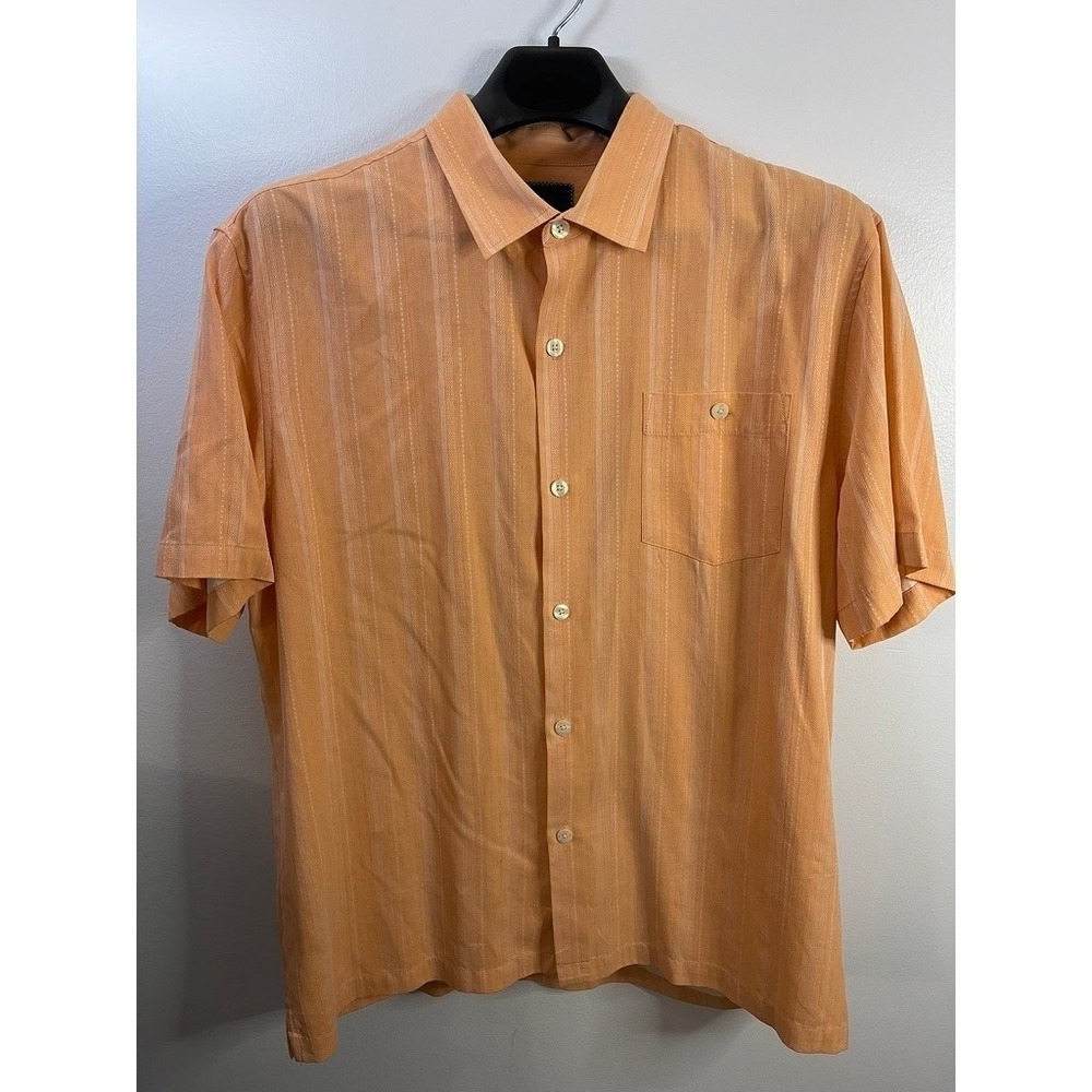 Tommy Bahama Mens Silk Hawaiian Shirt XL Orange Stripe Short Sleeve Button Up